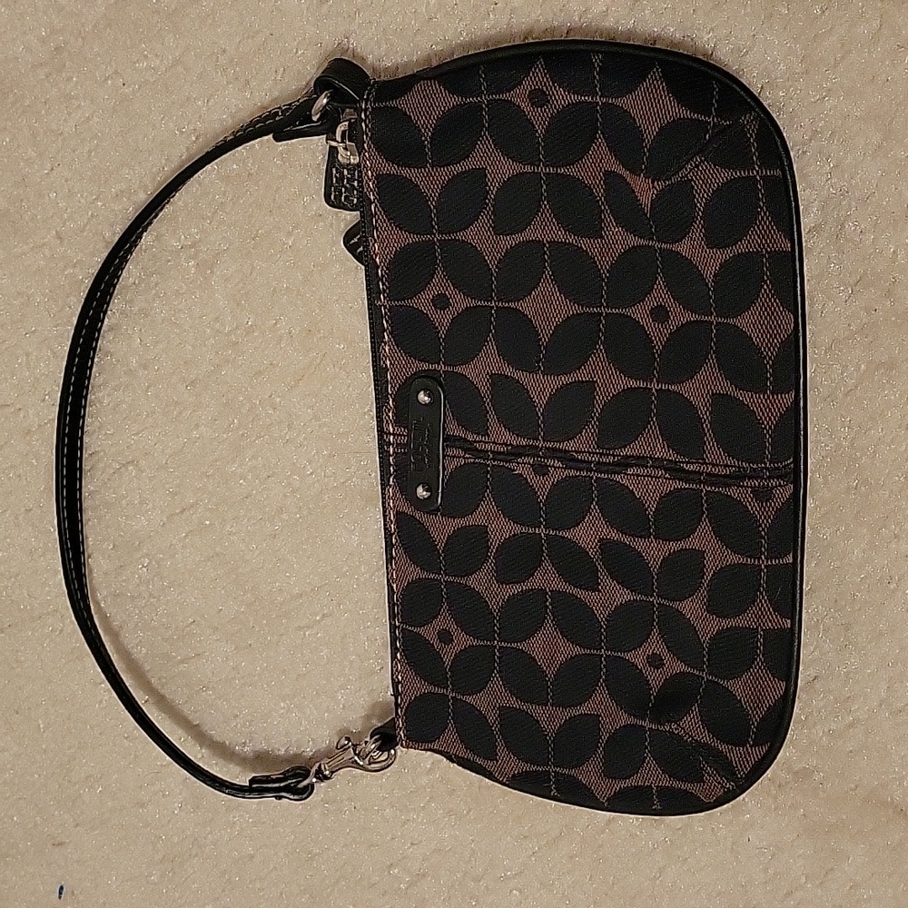 NWOT Fossil Brown and Black Canvas Double Zipper Back Wristlet Mini Bag
